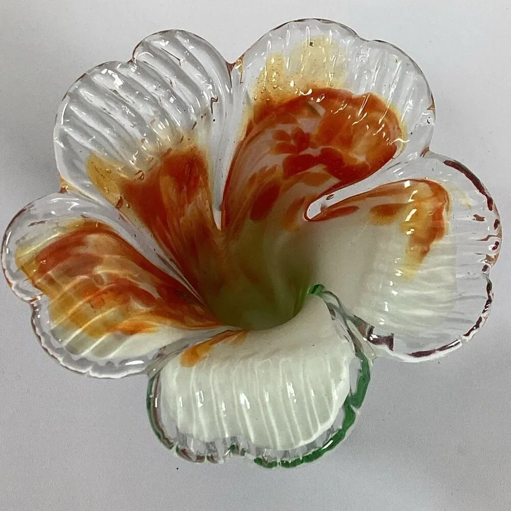 Hand Blown Art Glass Vase Orange White Swirl Ruffled MCM Decor